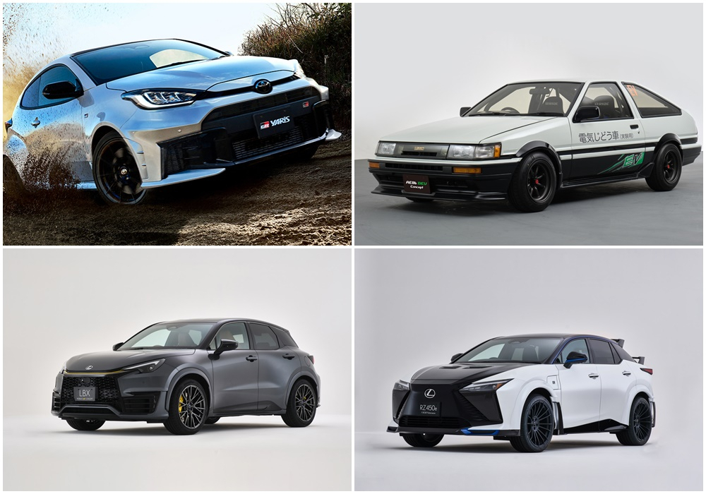 토요타 가주 레이싱 GR 야리스(왼쪽 위부터 시계방향), 토요타자동차 AE86 BEV 콘셉트, 렉서스 RZ450e 스페셜 에디션 FSPORT 퍼포먼스, LBX 모리조 RR 콘셉트. [토요타, 렉서스 제공]