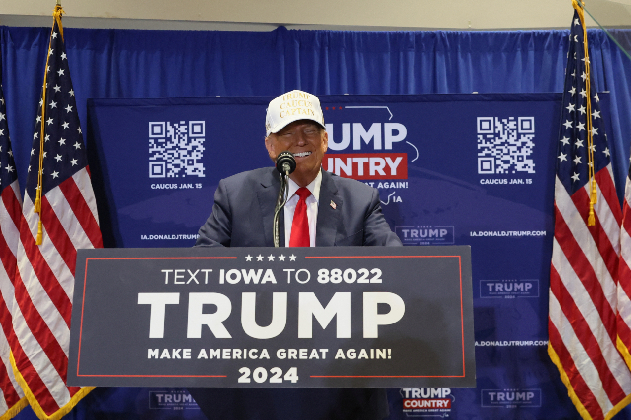 Former President Donald Trump speaks at a rally at Simpson College in Indianola, Iowa, Monday. (Reuters-Yonhap)