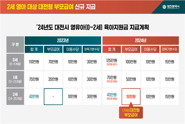 대전시 2024년 영유아 육아지원금 지급계획