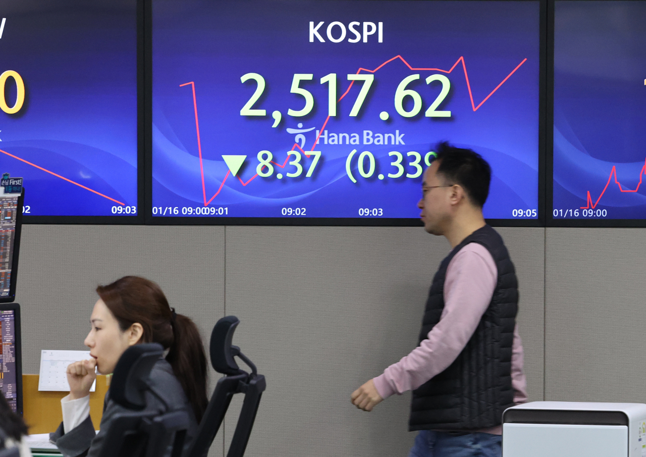 An electronic board showing the Korea Composite Stock Price Index at a dealing room of the Hana Bank headquarters in Seoul on Tuesday. (Yonhap)