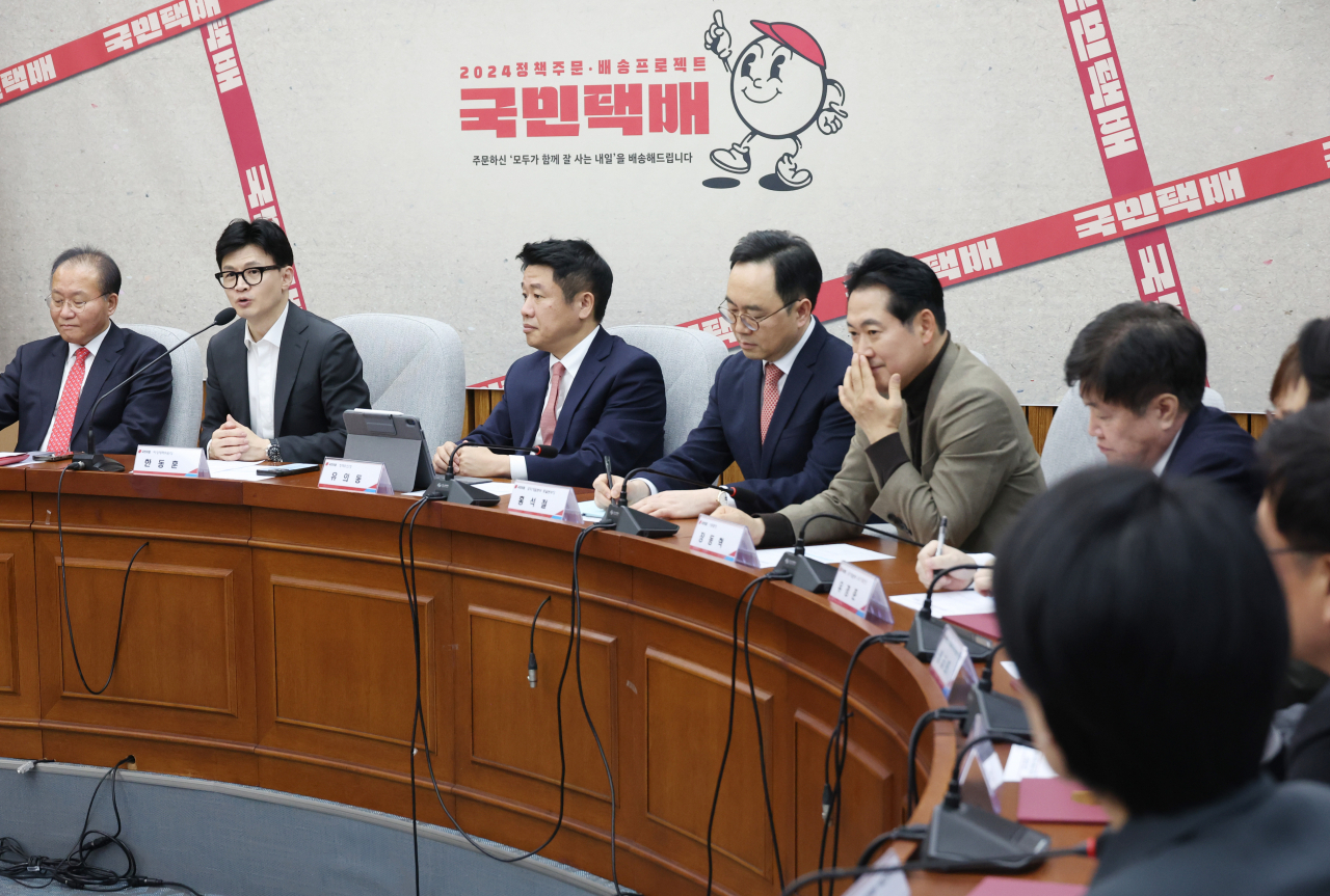 국민의힘 한동훈 비상대책위원장이 15일 국회에서 열린 제22대 총선 공약개발본부 출범식에서 발언하고 있다. [연합]