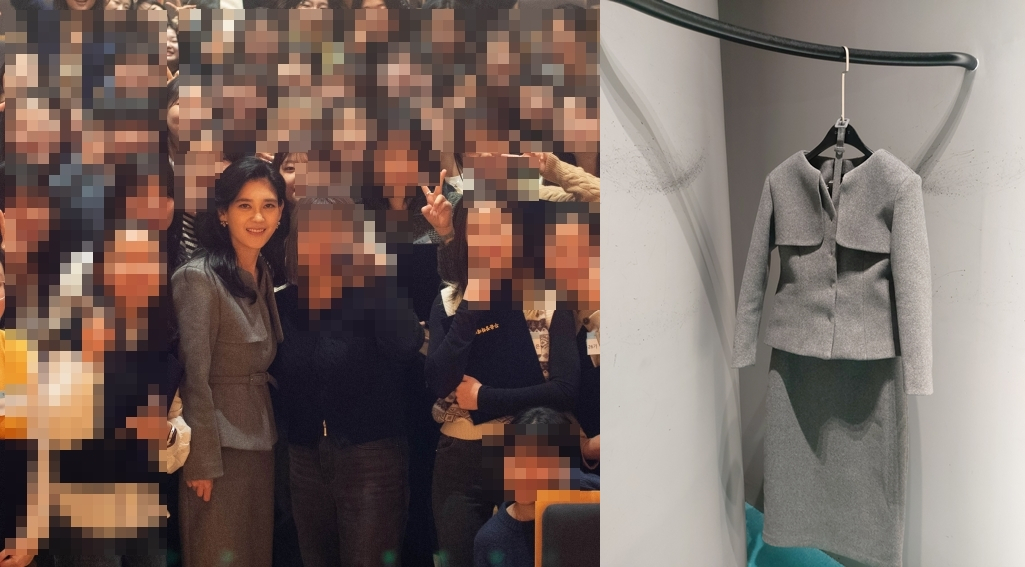 이부진 두을장학재단 이사장이 4일 서울시 용산구 리움미술관 대강당에서 열린 2024학년도 장학증서 수여식에서 장학생과 기념 촬영하는 모습(왼쪽)과 이 이사장이 입은 뒤 ‘이부진 투피스’로 알려지며 주문이 폭주한 해당 상품(오른쪽). [왼쪽-연합, 오른쪽-김희량 기자]
