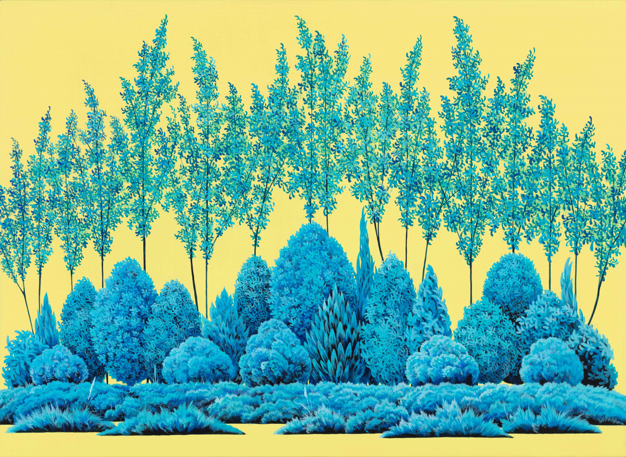 정영환, Mindscape, 캔버스에 아크릴, 53.0x72.7cm, 2022. 엄격한 수직성을 살려 그림을 그린 작가가 곡선을 활용해 그린 그림. [서정아트 서울 제공]
