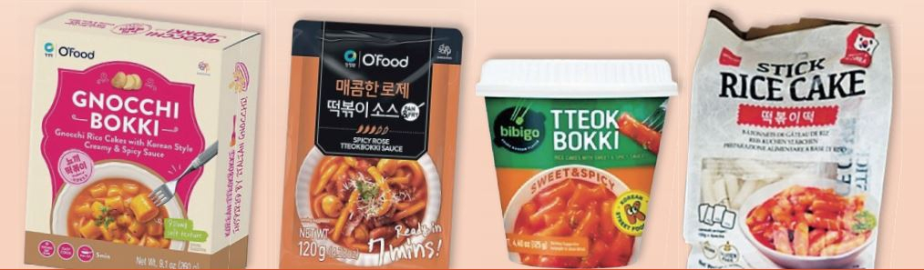 대상 오푸드의 ‘뇨끼떡볶이’(왼쪽부터)와 ‘로제 떡볶이소스’, 유럽에서 판매되는 간편식 컵떡볶이와 떡볶이용 떡 [대상·CJ제일제당·aT 제공]