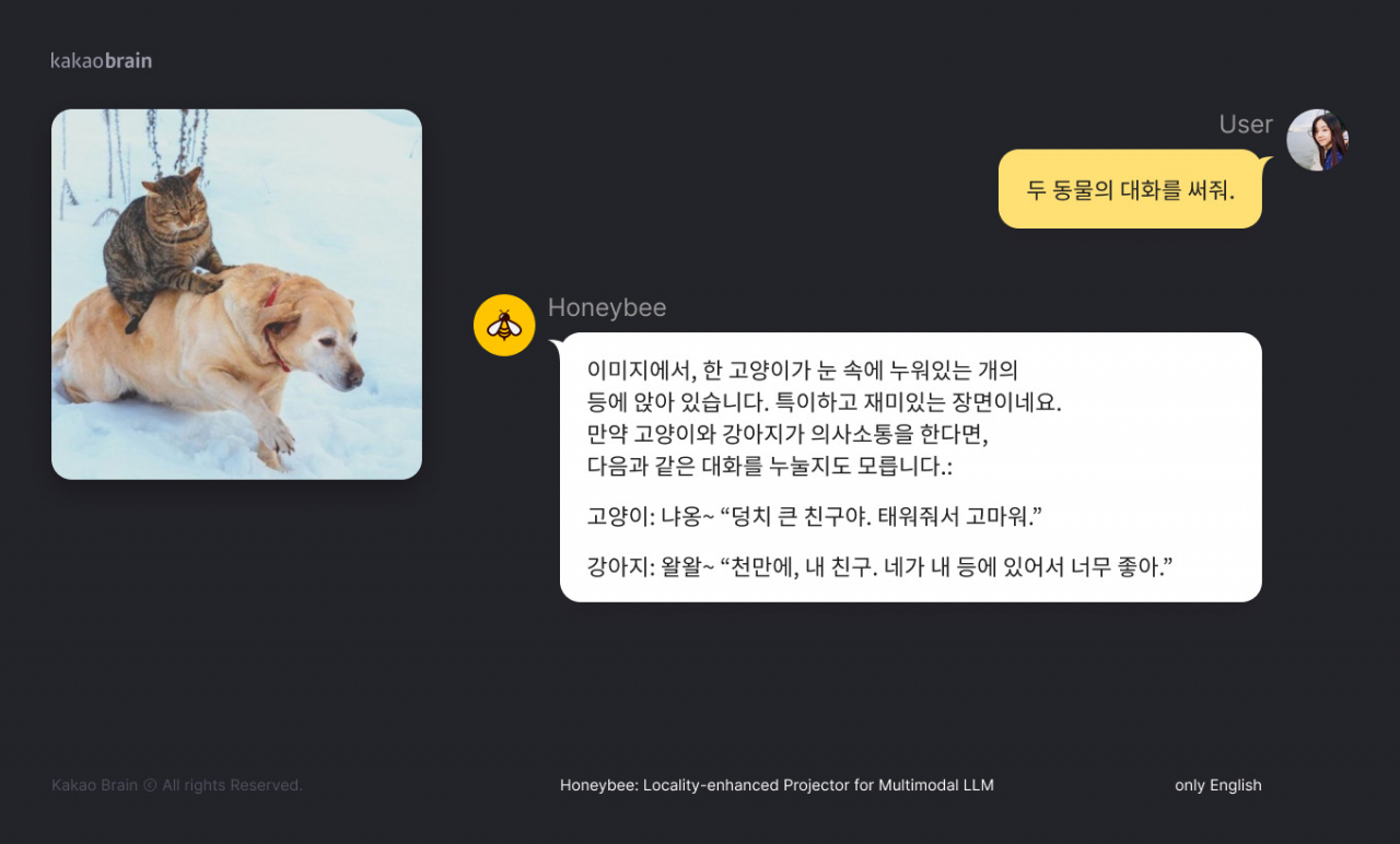 카카오의 자체 AI 기술 ‘허니비(Honeybee)’로 구현한 대화 예시 [카카오브레인 제공]