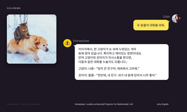 카카오의 자체 AI 기술 ‘허니비(Honeybee)’로 구현한 대화 예시 [카카오브레인 제공]