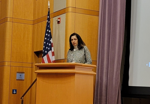 Uzra Zeya, the US under secretary of state for civilian security, democracy and human rights, speaks before the screening of "Beyond Utopia," an Oscar short-listed film on North Korean defectors, at the State Department on Friday. (Yonhap)