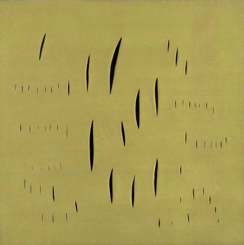 Lucio Fontana, Concetto spaziale, Attese, 1959Aniline on canvas, slashes, 100x100cm, Fondazione Lucio Fontana, Milan [Fondazione Lucio Fontana, Milan by SIAE 2023]