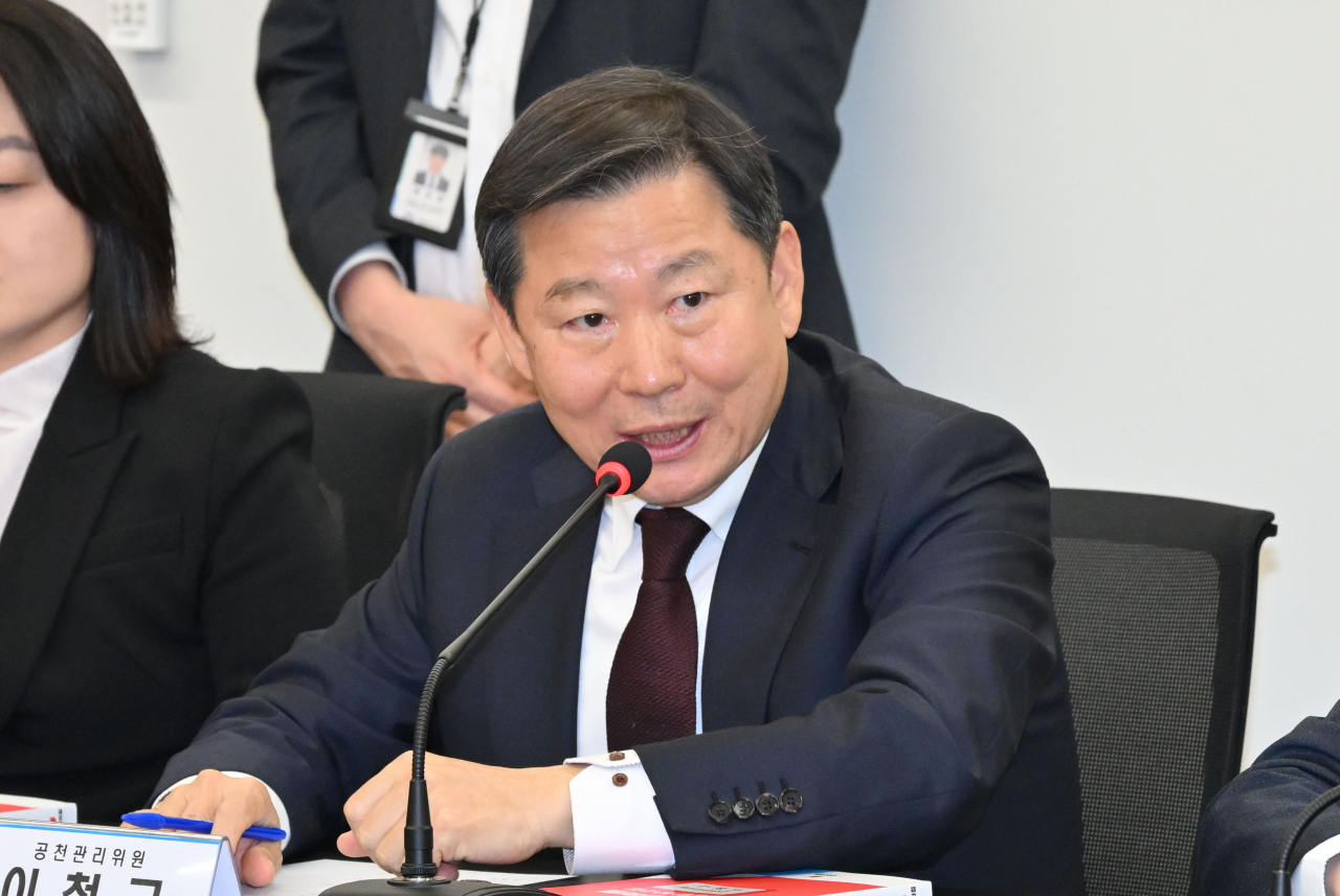 16일 국민의힘 여의도 당사에서 열린 공천관리위원회 1차 회의에서 이철규 위원이 발언하고 있다. [연합]
