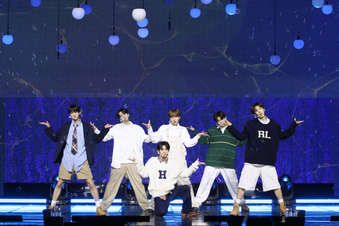 TWS performs "Plot Twist" during a press conference in Seoul on Monday. (Pledis Entertainment)