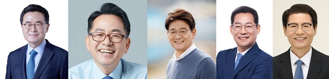 사진 왼쪽부터 민주당 소병철 의원과 김문수·서갑원·손훈모·신성식 예비후보.(선관위 등록 순)