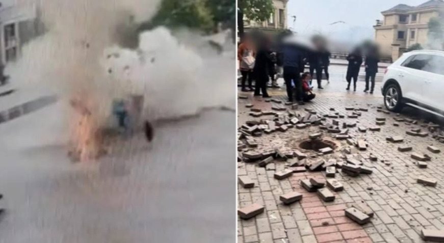 지난 21일 중국 충칭시에서 어린이가 하수구에 폭죽을 넣어 대형 폭발이 발생했다. 사진은 폭발 당시와 폭발로 인해 보도 블록이 파손된 모습. [중국 SNS갈무리]