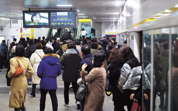 혼잡한 김포골드라인 김포공항역 모습 [연합]