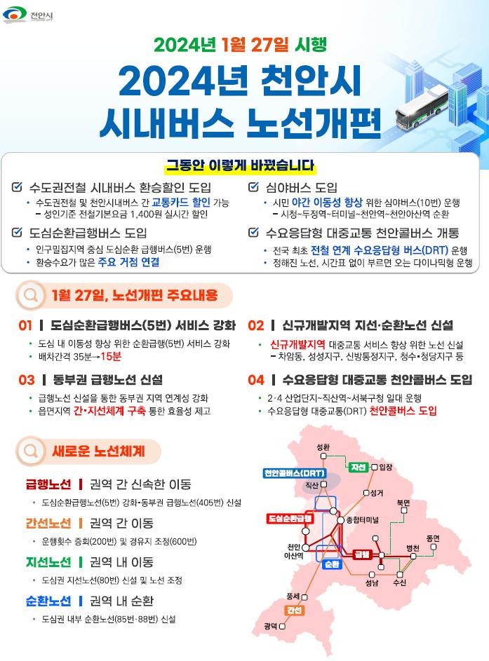 천안시의 시내버스 노선 개편 1월 27일 시행