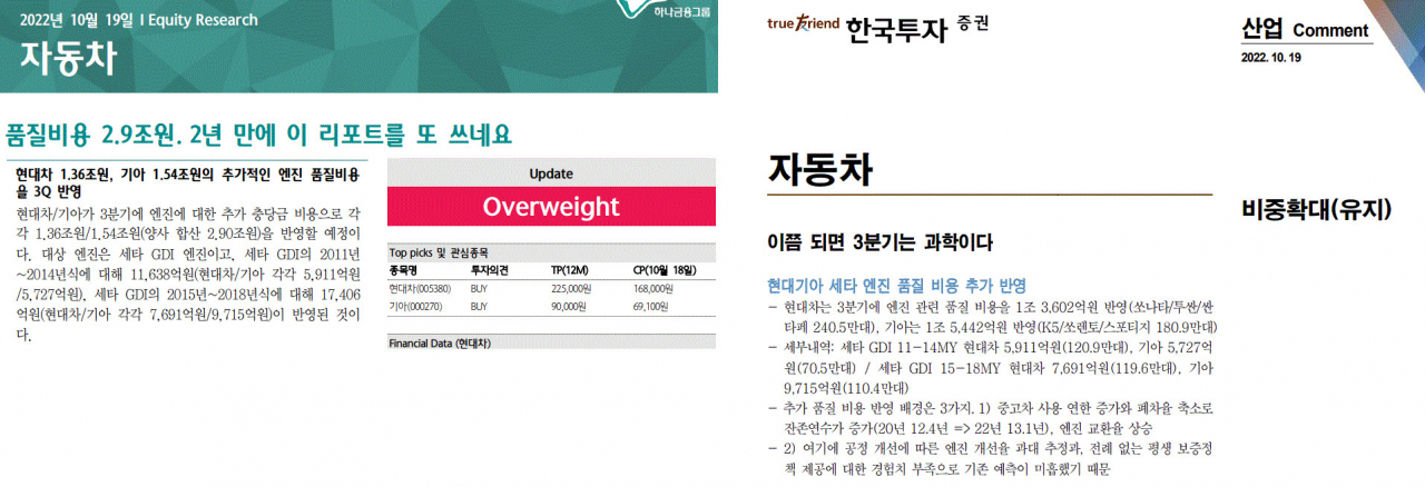 2022년 3분기 실적 발표 후 현대차에 대한 증권사들의 레포트