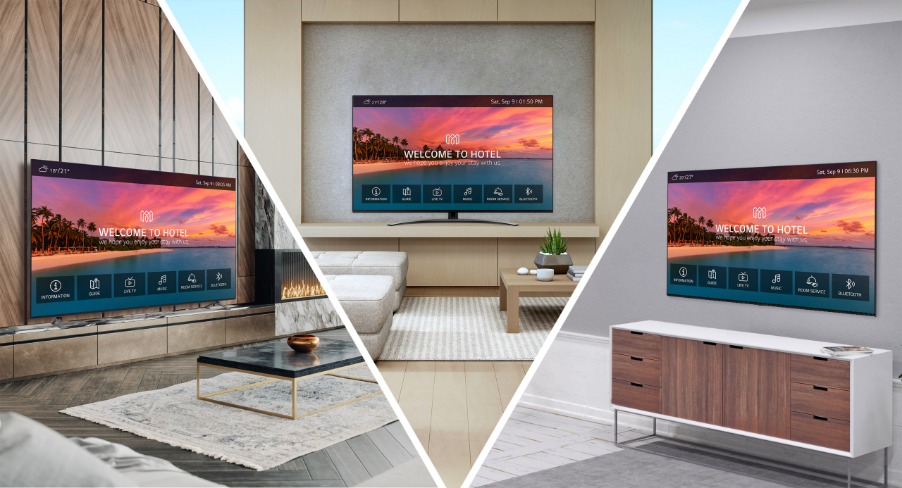 ‘LG 프로센트릭 클라우드’ 솔루션을 사용하면 호텔TV에 웰컴메시지, 시설 안내 등 콘텐츠를 보다 쉽게 제작·적용할 수 있다. [LG전자 제공]