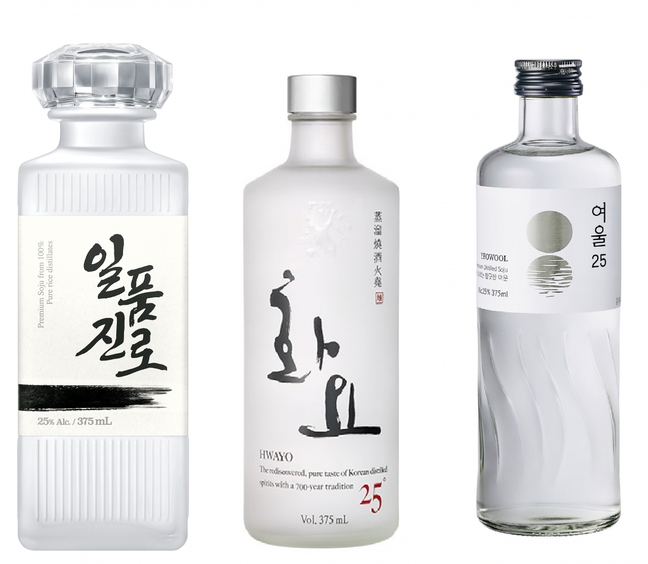 하이트진로 일품진로(왼쪽부터), 광주요 그룹 화요, 롯데칠성음료 여울 [각 사 제공]