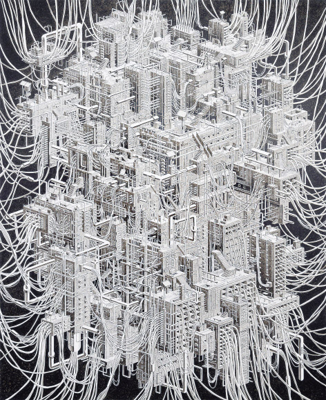 이덕영, 소비의 도시, pen, acrylic on canvas, 162.2&times;130.3cm, 2019