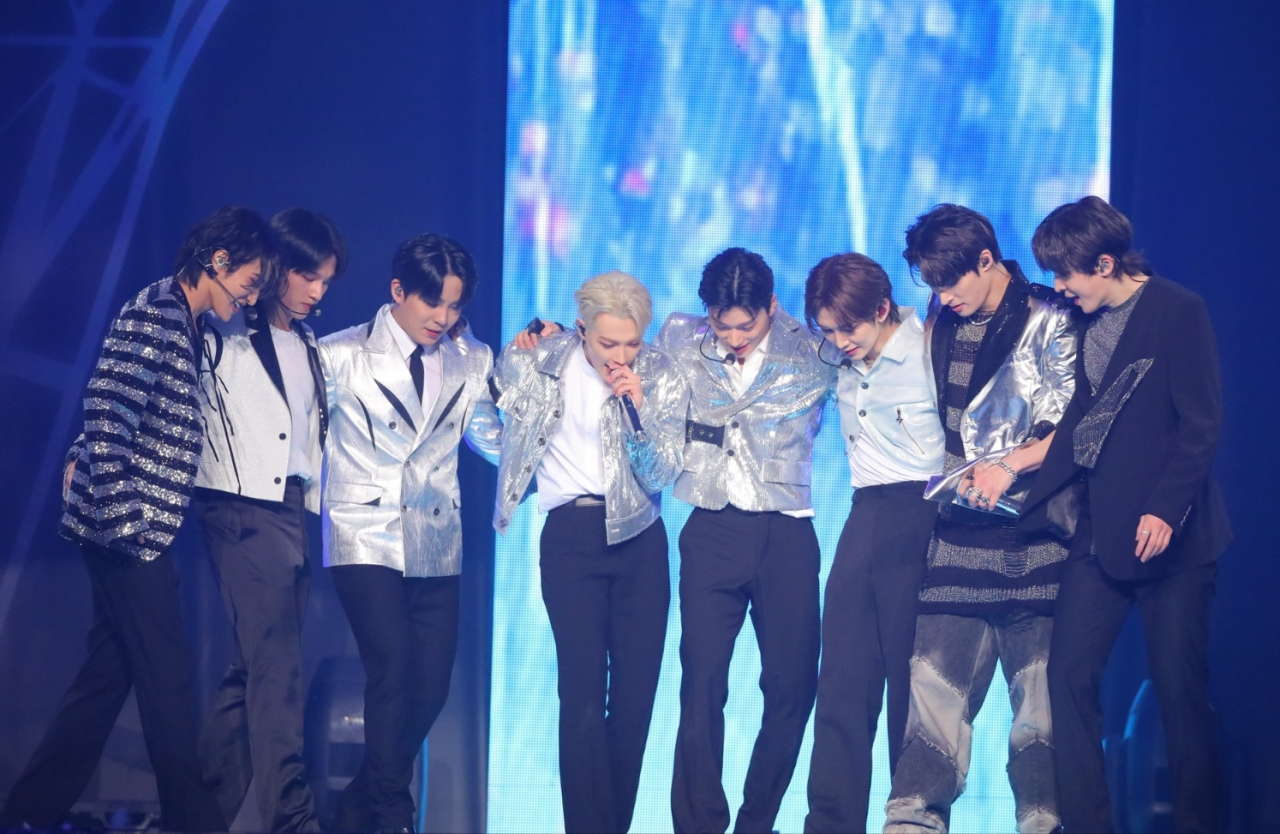 Ateez members perform during their second world tour concert, "Towards The Light: Will To Power,” in Seoul, Sunday. (KQ Entertainment)