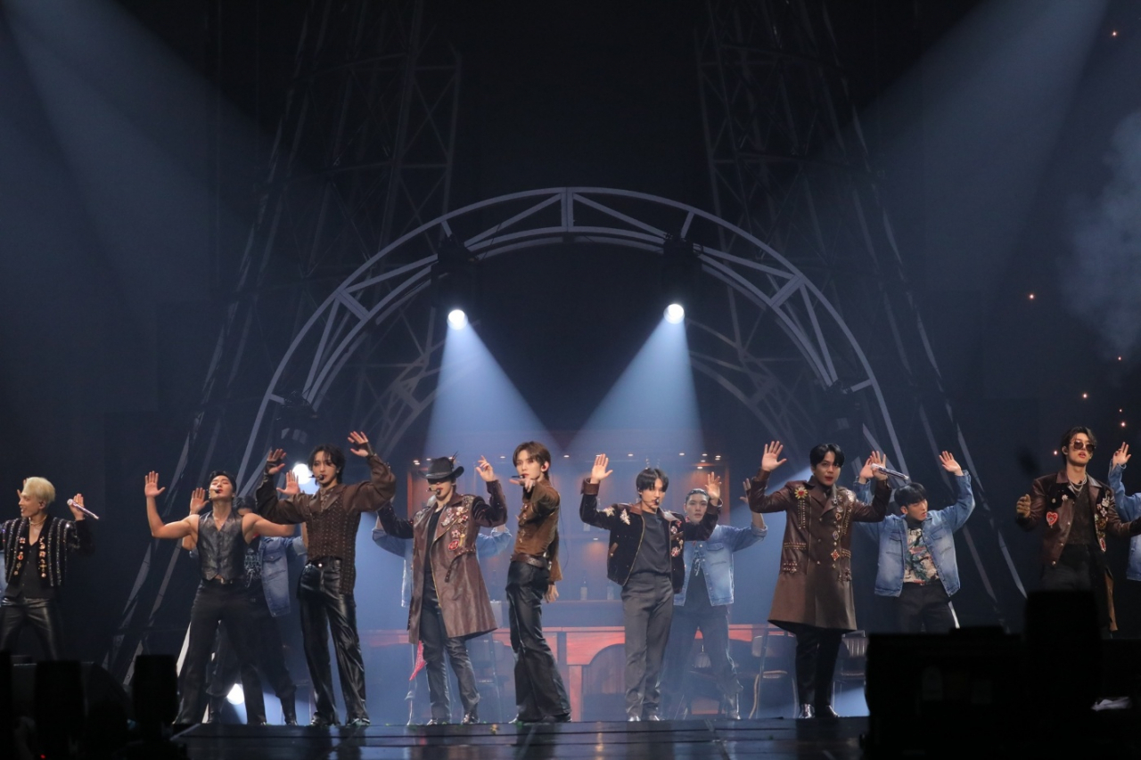 Ateez members perform during their second world tour concert, "Towards The Light: Will To Power,” in Seoul, Sunday. (KQ Entertainment)