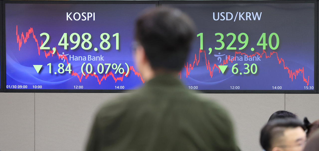 An electronic board showing the Korea Composite Stock Price Index at a dealing room of the Hana Bank headquarters in Seoul on Tuesday. (Yonhap)