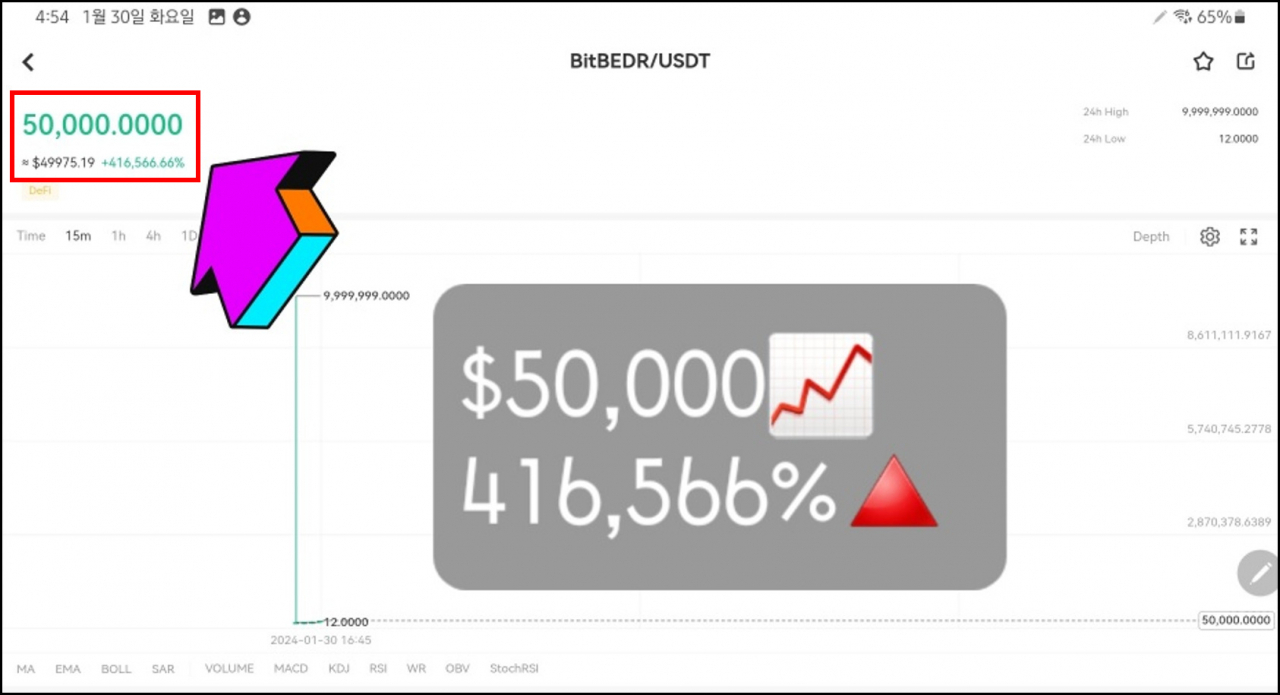 상장 한 시간 만에 4000배 반짝 급등세를 보여 관심을 모은 BitBEDR 코인.
