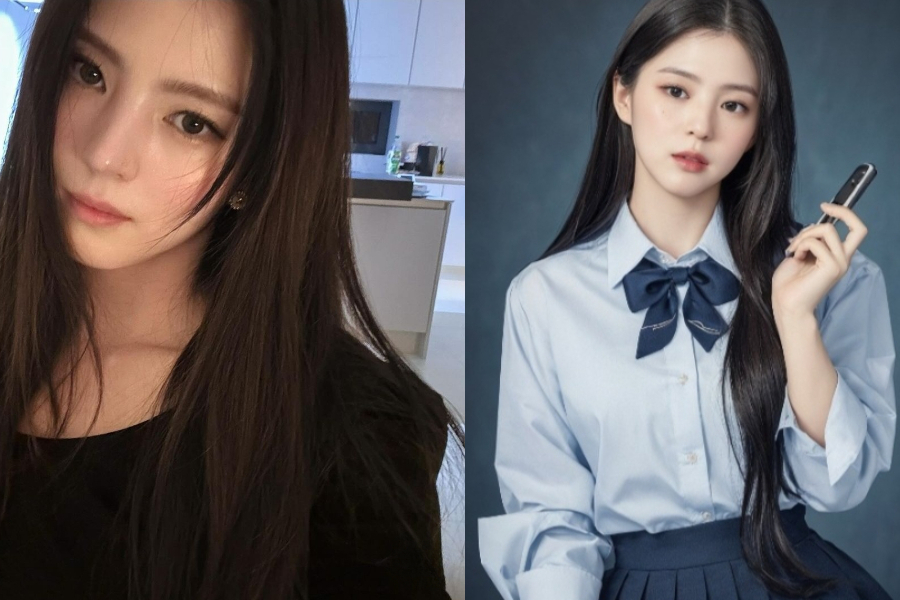 배우 한소희의 실물 사진과 한 누리꾼이 배우 한소희의 사진에 스노우 앱 AI 필터를 입힌 사진 비교. [인스타그램 캡처]