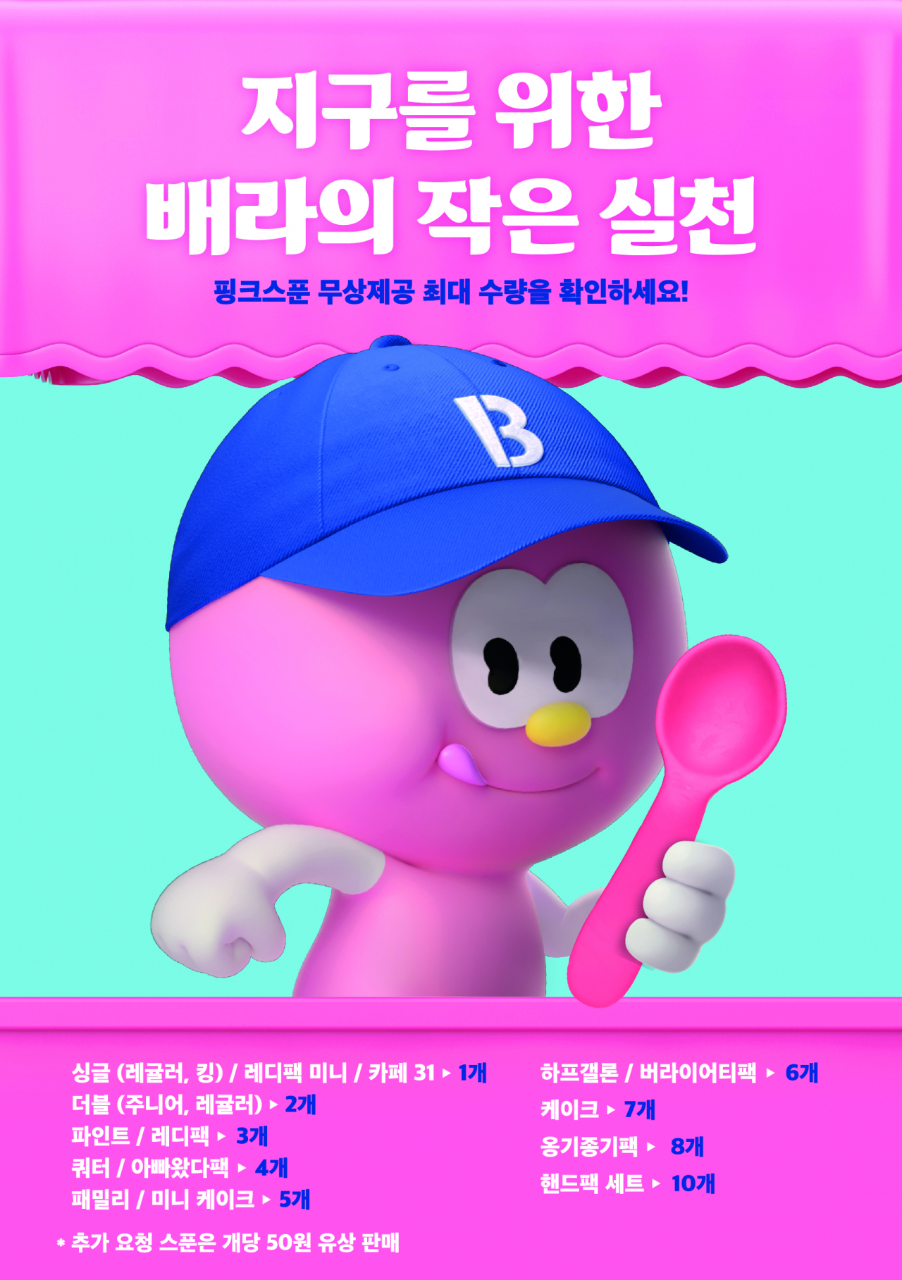 배스킨라빈스는 ESG 경영의 일환으로 핑크스푼 제공 수량을 제한하고 있다. [배스킨라빈스 제공]