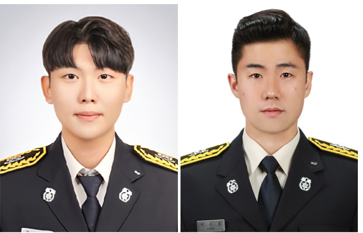 지난달 31일 경북 문경 육가공 제조 공장 화재 현장에서 순직한 문경소방서 119구조구급센터 소속 고 김수광 소방장(왼쪽)과 고 박수훈 소방교의 모습. 경북도소방본부는 유족과 협의해 고인들의 사진을 2일 공개했다.[경북소방본부 제공]