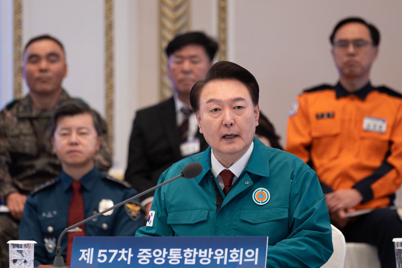 윤석열 대통령이 31일 청와대 영빈관에서 열린 제57차 중앙통합방위회의에서 발언하고 있다. [연합]