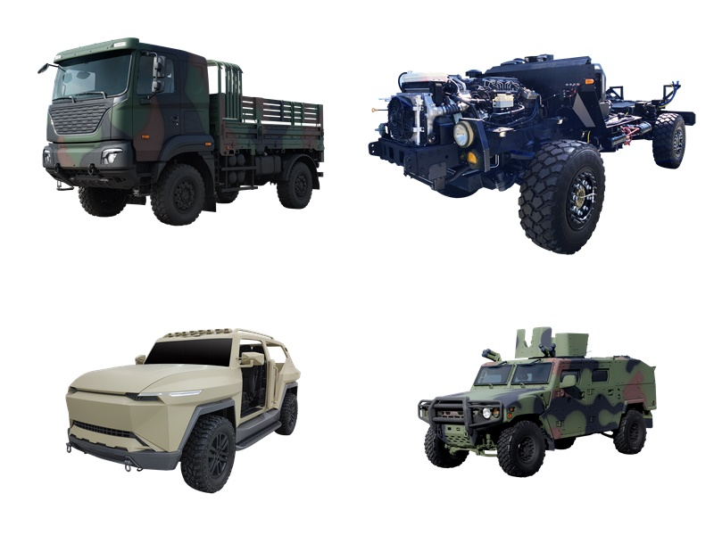 중형표준차량 4X4(왼쪽 위부터 시계방향), 중형표준차량 베어샤시, 소형전술차량 기갑수색차, 수소 ATV 콘셉트카. [기아 제공]