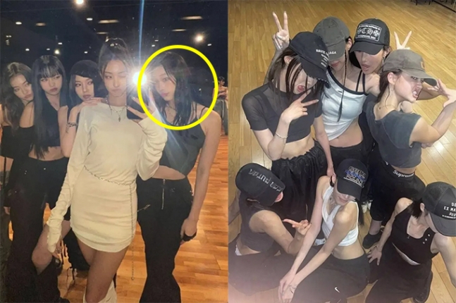 테디 걸그룹 연습생 유출 사진. 노란색 동그라미 표시된 인물이 신세계 이명희 회장 외손녀 문서윤 씨. 모델 엘라 그로스, 안무가 베일리석 등도 보인다. [온라인 커뮤니티]