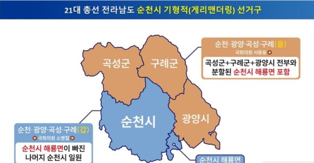 2020년 4월 제21대 국회의원 총선 당시 분구 대상인 순천시 일부(해룡면)를 인위적으로 떼어 내 광양에 편입시킨 뒤 '순천·광양·곡성·구례 을'이라는 기형적 선거구로 만든 게리맨더링의 대표 사례. [소병철 의원실 자료]