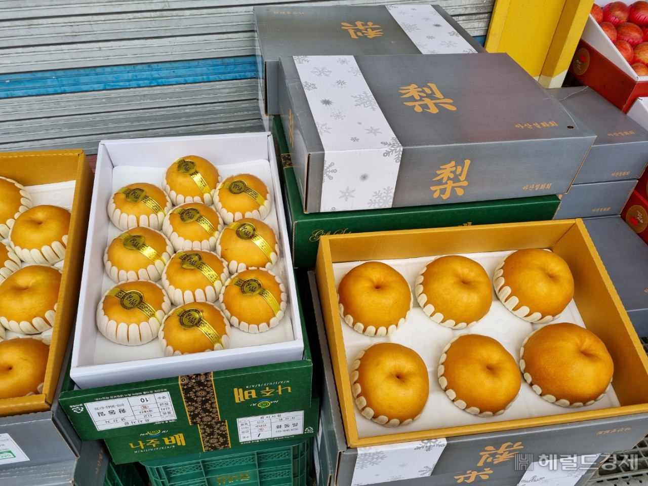 영등포 청과물시장에서 판매하고 있는 제수용 배세트. 한 박스당 6만원으로, 개당 가격으로 따지면 6000원~1만원 가량이다. [이민경 기자]