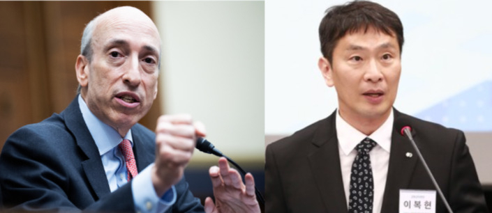 (왼쪽)게리 겐슬러 미국 증권거래위원회(SEC) 위원장과 이복현 금융감독원장[게티이미지, 연합]