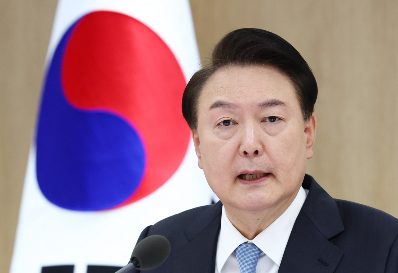 President Yoon Suk Yeol speaks during a Cabinet meeting at the presidential office in Seoul on Tuesday. (Yonhap)