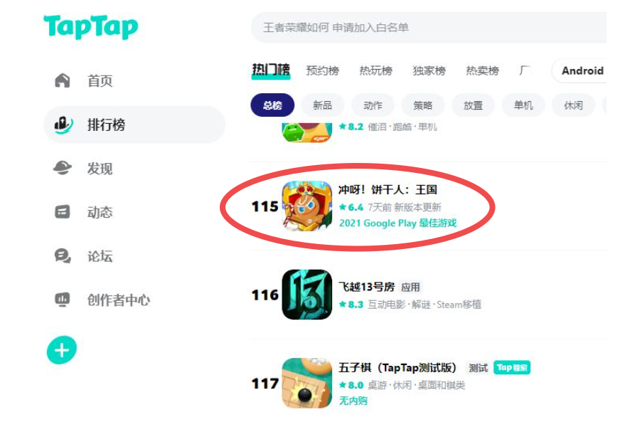 2월 8일 기준 중국 탭탭 종합 인기 순위. 쿠키런:킹덤은 115위에 자리하고 있다. [탭탭 캡처]