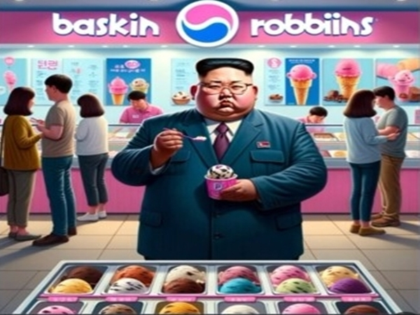 챗GPT에게 ‘배스킨라빈스에 간 김정은을 보여줘'라고 질문하자 이 같은 사진을 내놨다. '[광기의 쳇지피티' 계정 캡처]