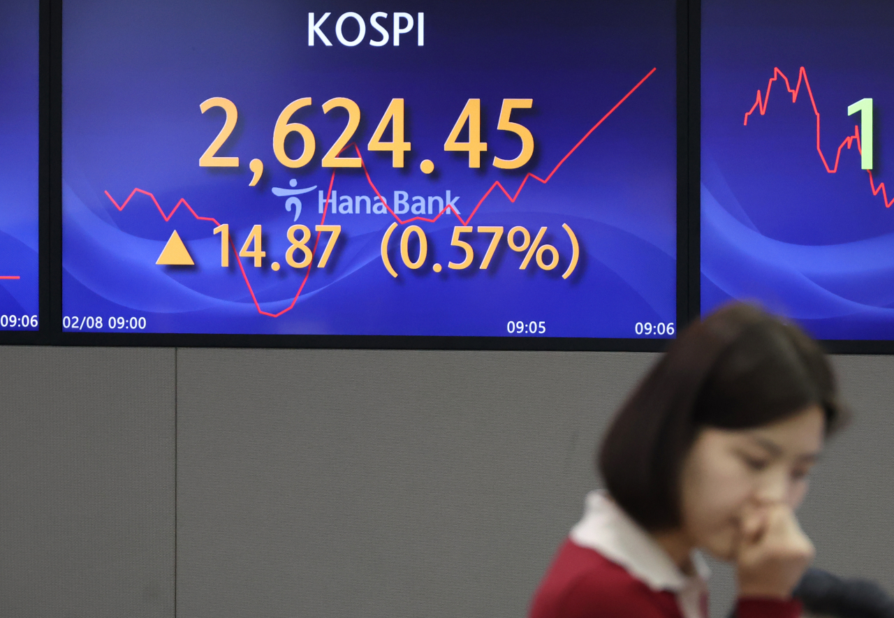 An electronic board showing the Korea Composite Stock Price Index at a dealing room of the Hana Bank headquarters in Seoul on Thursday. (Yonhap)