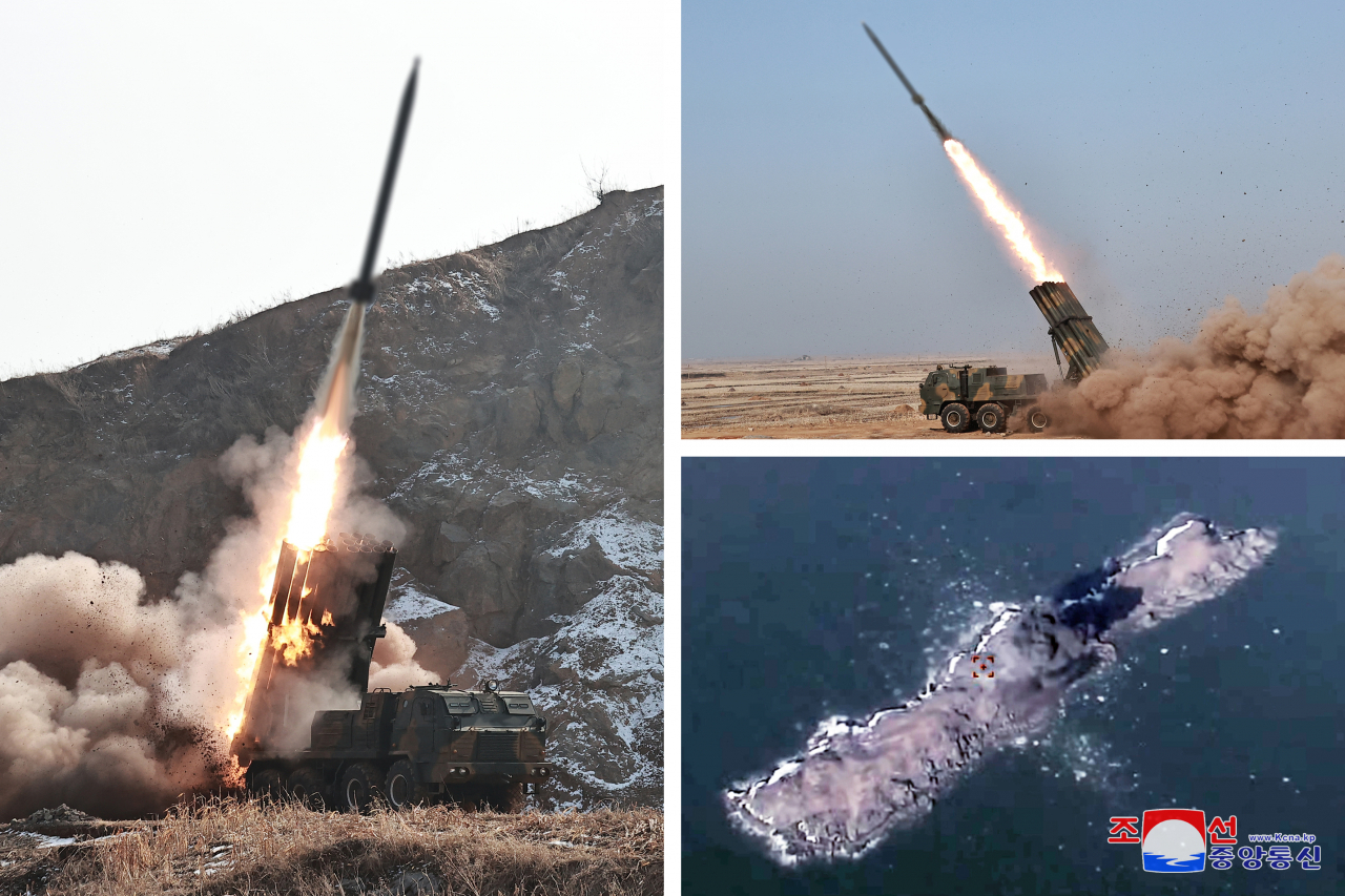 북한 국방과학원이 조종방사포탄과 탄도조종 체계를 새로 개발하는데 성공했다며 지난 11일 240㎜ 조종방사포탄 탄도조종 사격시험을 진행해 명중성에 대한 평가를 진행하고 그 우월성을 검증했다고 조선중앙통신이 12일 보도했다. [연합]