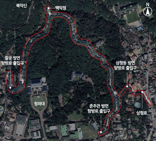 서울 종로구는 3월부터 청와대-백악 도보탐방코스 경관개선사업을 시작한다고 14일 밝혔다. 사진은 사업 대상지 현황 지도.[종로구 제공]
