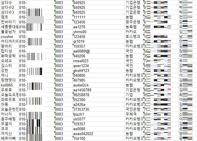국가정보원은 14일 불법 도박사이트를 제작해 한국인 사이버범죄조직에게 판매한 북한 IT 조직원 신원을 비롯해 사이트 개발과 판매, 운영 실태 전반을 파악하고 관련 사진과 동영상 등을 입수했다고 밝혔다. 북한 IT조직원에게 유출된 도박사이트 이용자 개인정보. [국정원 제공]