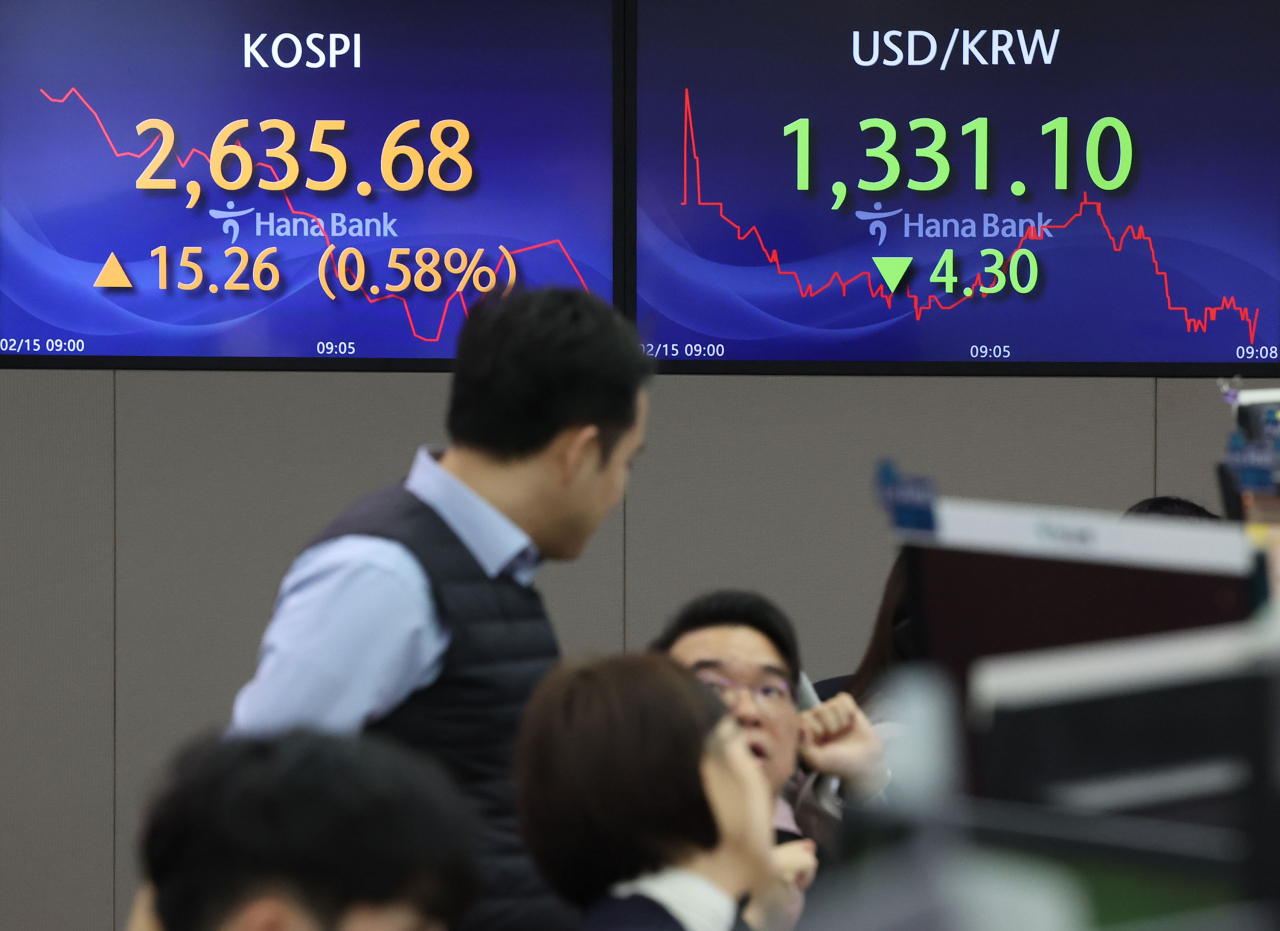 An electronic board showing the Korea Composite Stock Price Index at a dealing room of the Hana Bank headquarters in Seoul on Thursday. (Yonhap)