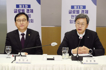 김창범(오른쪽) 한국경제인협회 부회장이 15일 여의도 FKI타워 컨퍼런스센터에서 열린 ‘글로벌 경제 현안대응 임원협의회 2차 회의’에서 인사말을 하고 있다. 왼쪽은 정인교 산업부 통상교섭본부장. [한경협 제공]