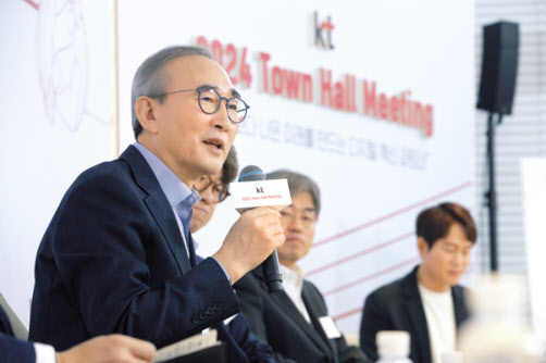 김영섭 KT 대표가 직원들과 대화를 하고 있다. [KT 제공]