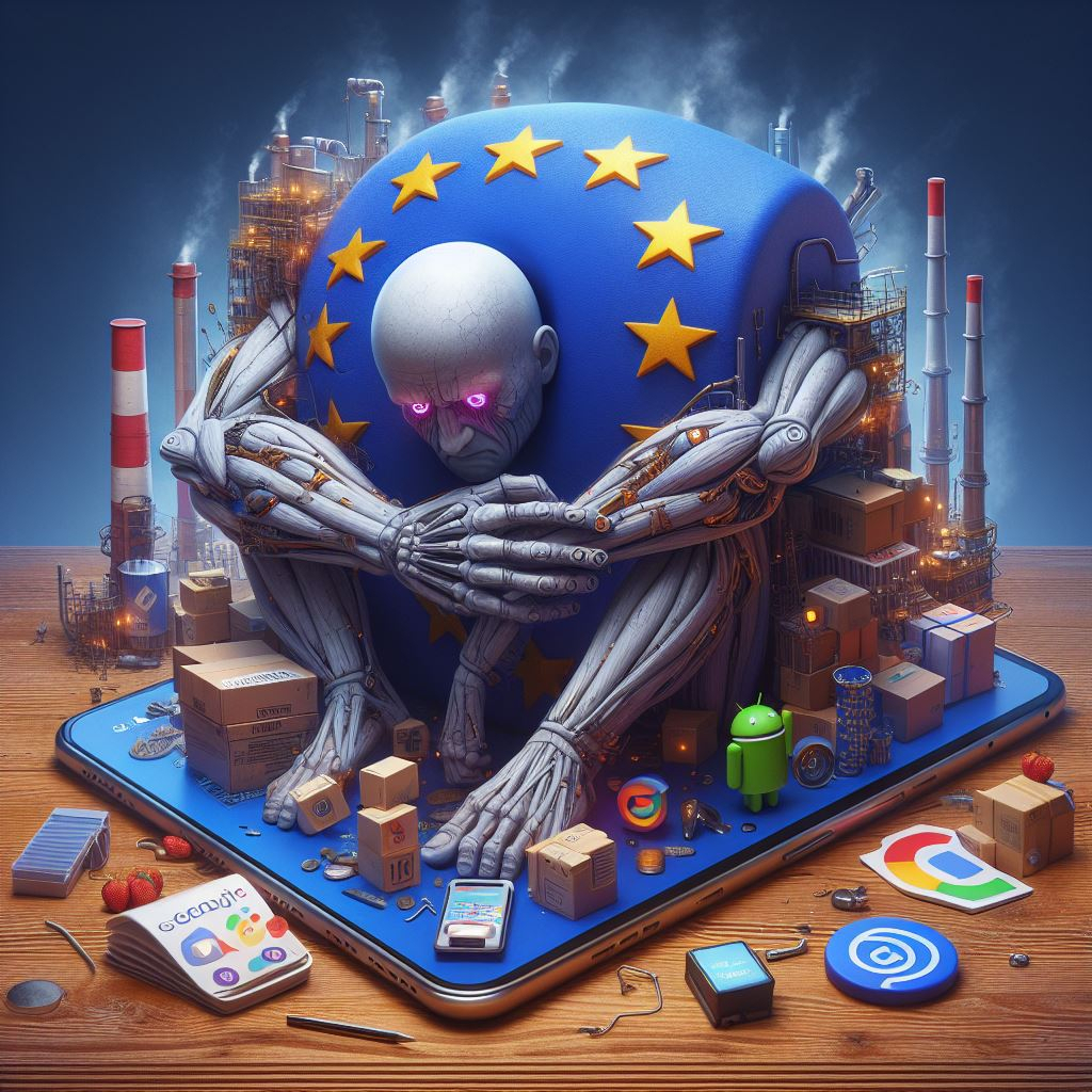 이미지 생성 인공지능(AI) 달리-3에게 “유럽연합(EU)의 강력한 규제로 혼란에 휩싸인 빅테크 기업을 그려 달라”는 명령어를 입력해 생성된 이미지. [달리-3]