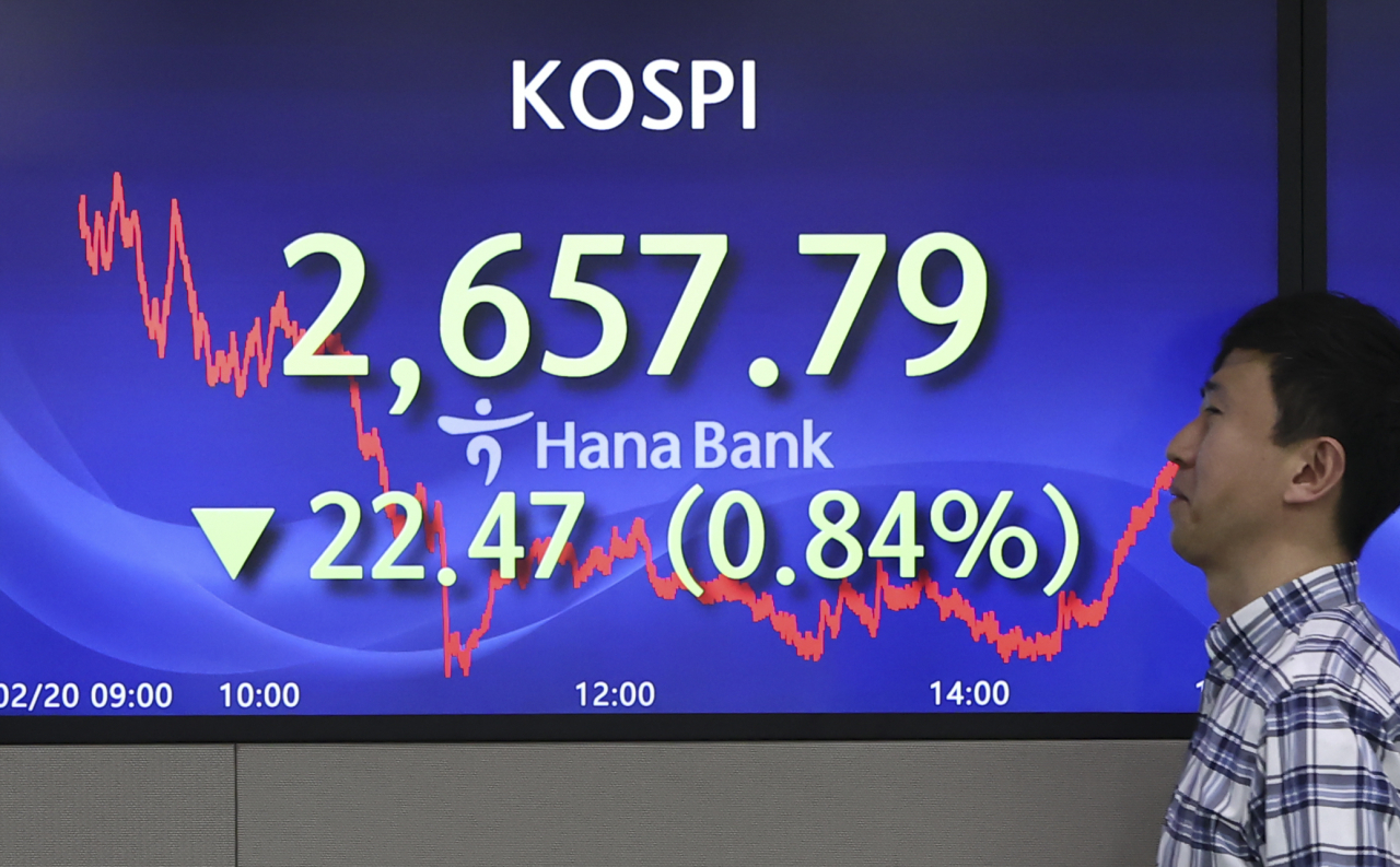 An electronic board showing the Korea Composite Stock Price Index at a dealing room of the Hana Bank headquarters in Seoul on Tuesday. (Yonhap)