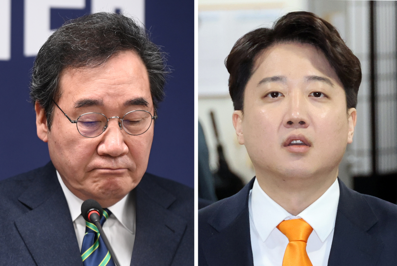 개혁신당 이낙연 공동대표가 20일 합당 철회를 선언했다. 왼쪽은 이날 여의도 새로운 미래 당사에서 합당 철회 기자회견 하는 이낙연 공동대표, 오른쪽은 한 시간 후 국회에서 기자회견 하는 이준석 공동대표. [연합]
