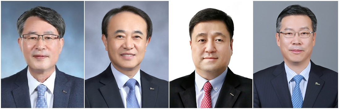 이시우(왼쪽부터) 신임 포스코 대표이사와 유병옥 포스코퓨처엠 신임 대표이사, 이계인 포스코인터내셔널 신임 대표이사, 전중선 포스코이앤씨 신임 대표이사. [포스코그룹 제공]