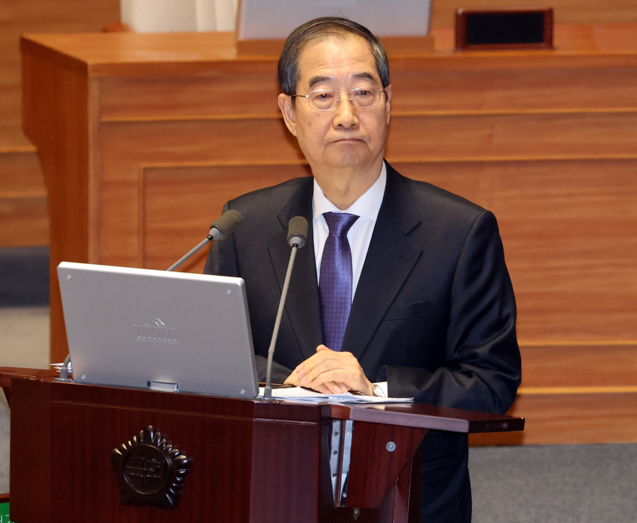 한덕수 국무총리가 22일 국회 본회의 대정부질문에서 답변하고 있다. [연합]